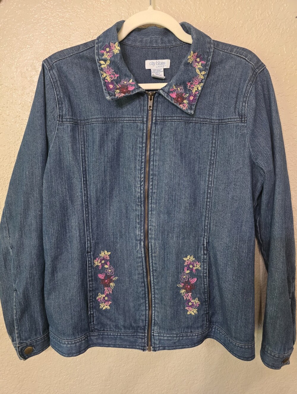 Vintage City Blues By Koret Denim Jacket with Pink & Yellow Floral Embroidery